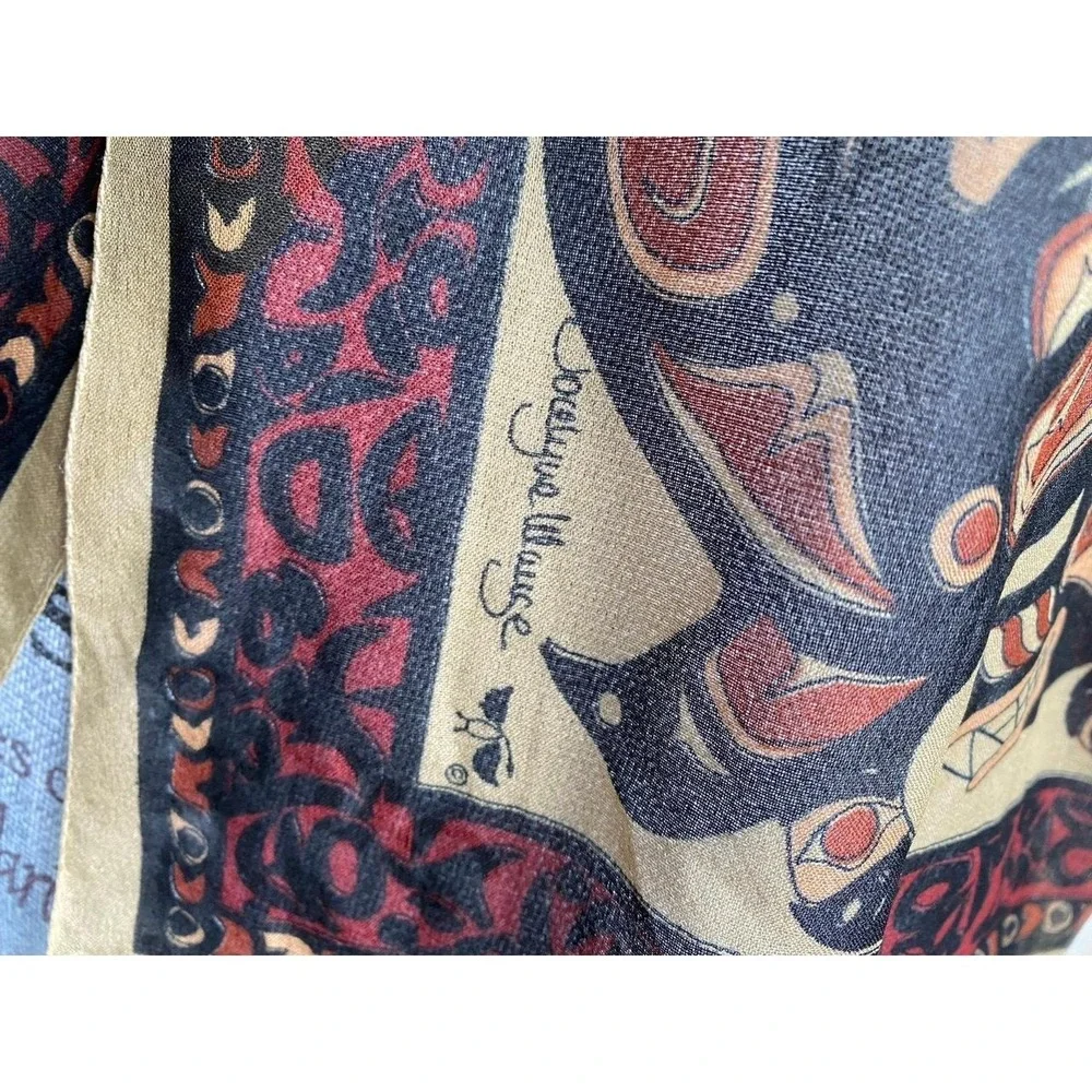 Jocelyn Waugh Indigenous Artist Sheer Silk Scarf Inuit Black Brown 60